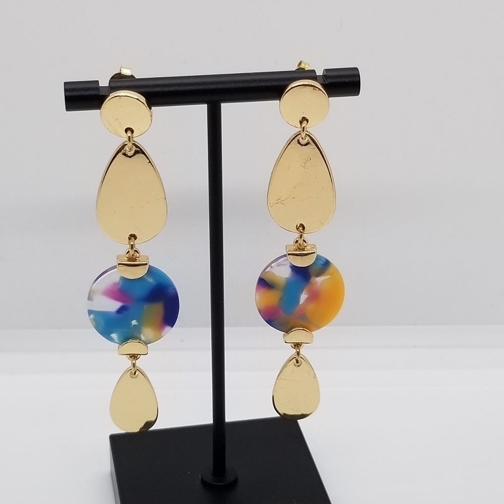 gold tone and multicolor resin dangle drop earrings